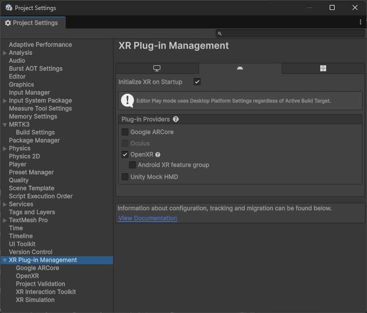 Android XR Plug-in Management window